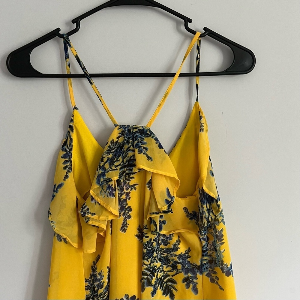 Japna Yellow Blue Floral Tank Top Small | Spaghetti Strap Racerback Ruffle - Picture 3 of 4